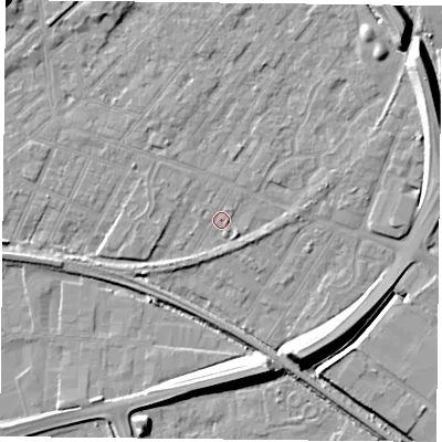 Shaded relief map of the ground around NG42HP, computed from Environment Agency LiDAR. The ground here sits at about 22 m above sea level and falls 12 m across the surrounding 800 m. Surface water reaching this point runs off ground lying to the north-east, 9.9 m higher.