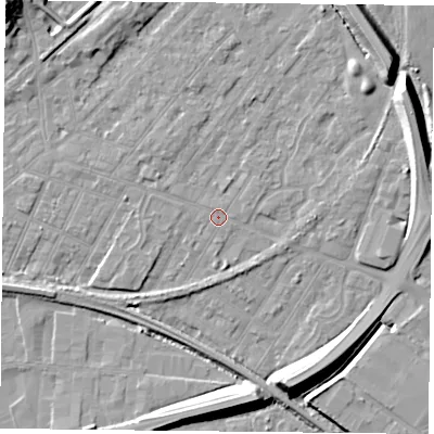 Shaded relief map of the ground around NG42HQ, computed from Environment Agency LiDAR. The ground here sits at about 22 m above sea level and falls 13 m across the surrounding 800 m. The ground contributing surface water to this point lies to the north-east.