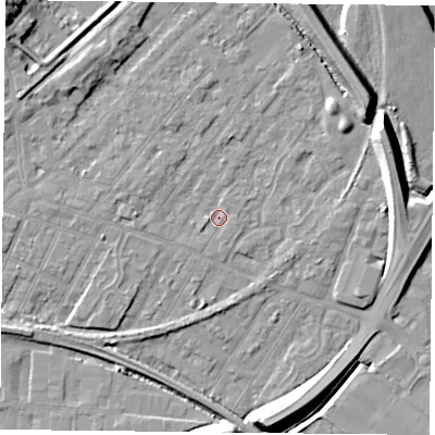 Shaded relief map of the ground around NG42HR, computed from Environment Agency LiDAR. The ground here sits at about 22 m above sea level and falls 12 m across the surrounding 800 m. The ground contributing surface water to this point lies to the east-south-east.