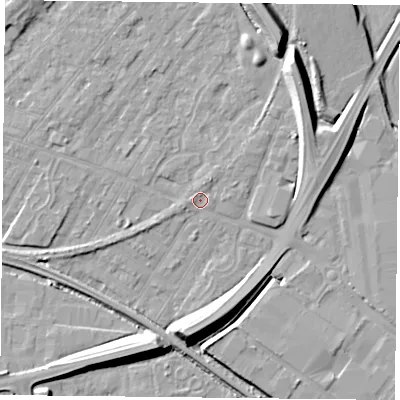 Shaded relief map of the ground around NG42HU, computed from Environment Agency LiDAR. The ground here sits at about 22 m above sea level and falls 12 m across the surrounding 800 m. Surface water reaching this point runs off ground lying to the north-north-east, 0.9 m higher.