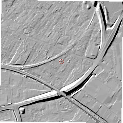 Shaded relief map of the ground around NG42HW, computed from Environment Agency LiDAR. The ground here sits at about 21 m above sea level and falls 12 m across the surrounding 800 m. Surface water reaching this point runs off ground lying to the south-south-east, 9.6 m higher.