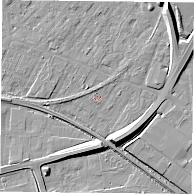 Shaded relief map of the ground around NG42HX, computed from Environment Agency LiDAR. The ground here sits at about 21 m above sea level and falls 12 m across the surrounding 800 m. Surface water reaching this point runs off ground lying to the south-south-east, 9.6 m higher.