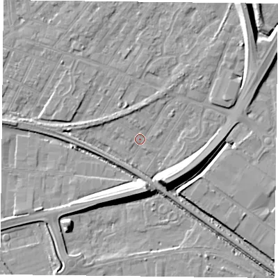 Shaded relief map of the ground around NG42HY, computed from Environment Agency LiDAR. The ground here sits at about 21 m above sea level and falls 12 m across the surrounding 800 m. Surface water reaching this point runs off ground lying to the south-east, 9.6 m higher.