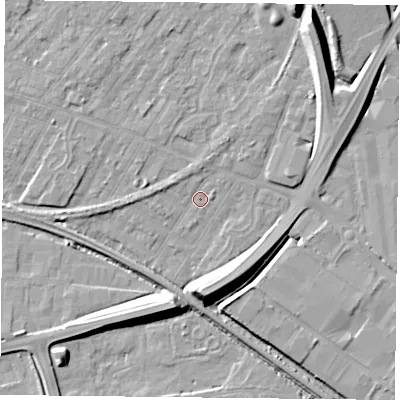 Shaded relief map of the ground around NG42JE, computed from Environment Agency LiDAR. The ground here sits at about 21 m above sea level and falls 12 m across the surrounding 800 m. Surface water reaching this point runs off ground lying to the south, 9.6 m higher.