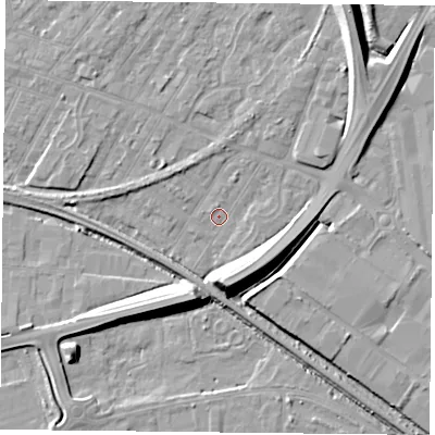 Shaded relief map of the ground around NG42JG, computed from Environment Agency LiDAR. The ground here sits at about 21 m above sea level and falls 12 m across the surrounding 800 m. Surface water reaching this point runs off ground lying to the south, 9.6 m higher.