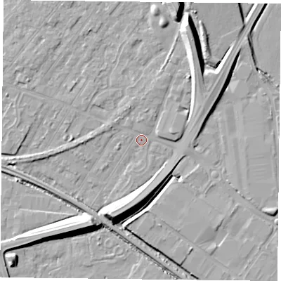 Shaded relief map of the ground around NG42JJ, computed from Environment Agency LiDAR. The ground here sits at about 21 m above sea level and falls 12 m across the surrounding 800 m. Surface water reaching this point runs off ground lying to the south-south-west, 9.6 m higher.