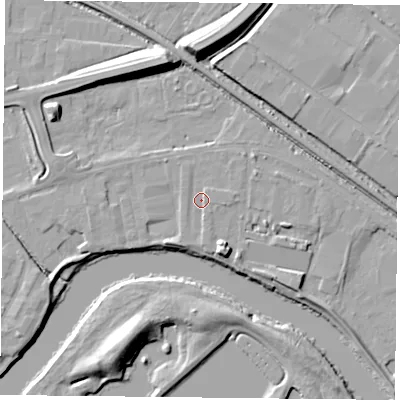 Shaded relief map of the ground around NG42JN, computed from Environment Agency LiDAR. The ground here sits at about 21 m above sea level and falls 12 m across the surrounding 800 m. Surface water reaching this point runs off ground lying to the north-east, 1.0 m higher.
