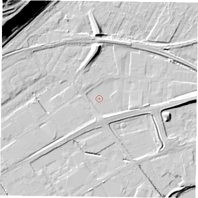 Shaded relief map of the ground around NG42JQ, computed from Environment Agency LiDAR. The ground here sits at about 21 m above sea level and falls 45 m across the surrounding 800 m. Surface water reaching this point runs off ground lying to the east, 6.8 m higher.