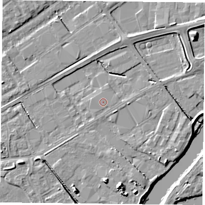 Shaded relief map of the ground around NG42JR, computed from Environment Agency LiDAR. The ground here sits at about 21 m above sea level and falls 10 m across the surrounding 800 m. The ground contributing surface water to this point lies to the south-east.