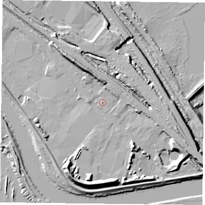 Shaded relief map of the ground around NG42JT, computed from Environment Agency LiDAR. The ground here sits at about 22 m above sea level and falls 14 m across the surrounding 800 m. Surface water reaching this point runs off ground lying to the south, 11.7 m higher.