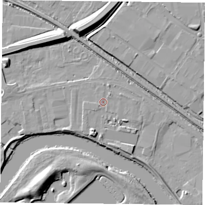 Shaded relief map of the ground around NG42JU, computed from Environment Agency LiDAR. The ground here sits at about 21 m above sea level and falls 12 m across the surrounding 800 m. Surface water reaching this point runs off ground lying to the north-east, 1.0 m higher.