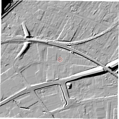 Shaded relief map of the ground around NG42JW, computed from Environment Agency LiDAR. The ground here sits at about 21 m above sea level and falls 30 m across the surrounding 800 m. Surface water reaching this point runs off ground lying to the south, 2.1 m higher.