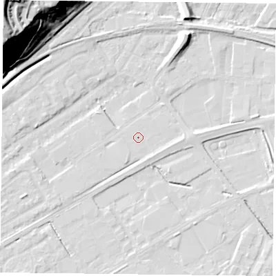 Shaded relief map of the ground around NG42JX, computed from Environment Agency LiDAR. The ground here sits at about 21 m above sea level and falls 48 m across the surrounding 800 m. The ground contributing surface water to this point lies to the east.