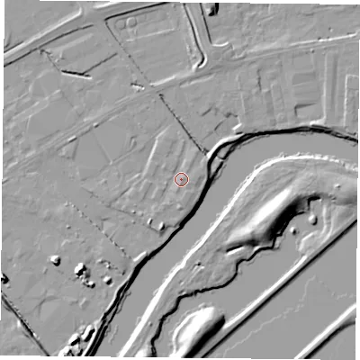 Shaded relief map of the ground around NG42JY, computed from Environment Agency LiDAR. The ground here sits at about 22 m above sea level and falls 11 m across the surrounding 800 m. Surface water reaching this point runs off ground lying to the south, 1.2 m higher.