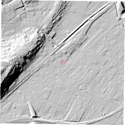 Shaded relief map of the ground around NG42LG, computed from Environment Agency LiDAR. The ground here sits at about 22 m above sea level and falls 35 m across the surrounding 800 m. Surface water reaching this point runs off ground lying to the north-west, 13.3 m higher.