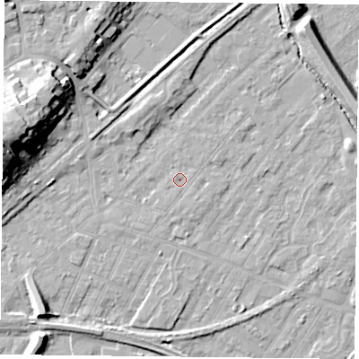 Shaded relief map of the ground around NG42LJ, computed from Environment Agency LiDAR. The ground here sits at about 22 m above sea level and falls 20 m across the surrounding 800 m. Surface water reaching this point runs off ground lying to the south-south-west, 0.8 m higher.