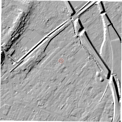 Shaded relief map of the ground around NG42LX, computed from Environment Agency LiDAR. The ground here sits at about 22 m above sea level and falls 12 m across the surrounding 800 m. Surface water reaching this point runs off ground lying to the south-west, 0.7 m higher.
