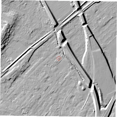 Shaded relief map of the ground around NG42LZ, computed from Environment Agency LiDAR. The ground here sits at about 23 m above sea level and falls 11 m across the surrounding 800 m. Surface water reaching this point runs off ground lying to the north, 1.9 m higher.