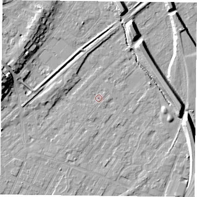 Shaded relief map of the ground around NG42NG, computed from Environment Agency LiDAR. The ground here sits at about 22 m above sea level and falls 14 m across the surrounding 800 m. Surface water reaching this point runs off ground lying to the south-west, 0.7 m higher.