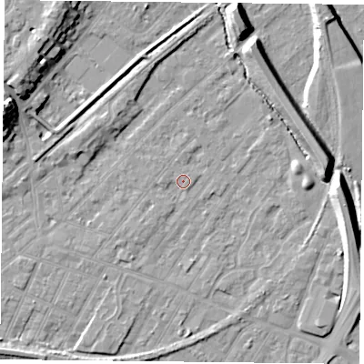 Shaded relief map of the ground around NG42NH, computed from Environment Agency LiDAR. The ground here sits at about 22 m above sea level and falls 13 m across the surrounding 800 m. Surface water reaching this point runs off ground lying to the south-west, 1.4 m higher.