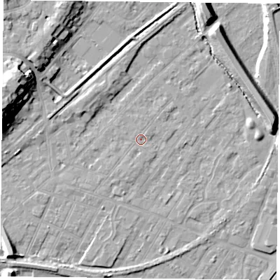 Shaded relief map of the ground around NG42NJ, computed from Environment Agency LiDAR. The ground here sits at about 22 m above sea level and falls 18 m across the surrounding 800 m. Surface water reaching this point runs off ground lying to the south, 1.6 m higher.