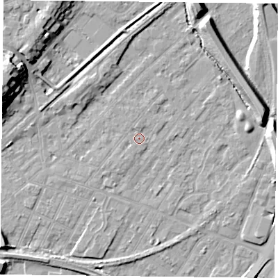 Shaded relief map of the ground around NG42NL, computed from Environment Agency LiDAR. The ground here sits at about 22 m above sea level and falls 17 m across the surrounding 800 m. Surface water reaching this point runs off ground lying to the south-south-west, 1.6 m higher.
