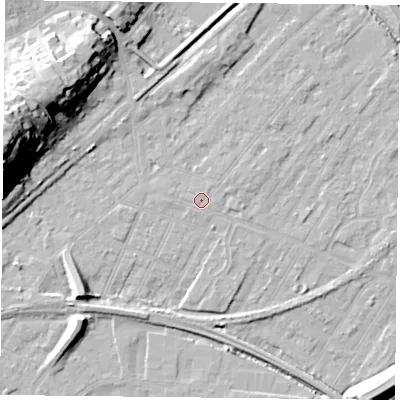 Shaded relief map of the ground around NG42NN, computed from Environment Agency LiDAR. The ground here sits at about 22 m above sea level and falls 31 m across the surrounding 800 m. Surface water reaching this point runs off ground lying to the east-north-east, 0.5 m higher.
