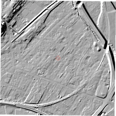 Shaded relief map of the ground around NG42NQ, computed from Environment Agency LiDAR. The ground here sits at about 22 m above sea level and falls 15 m across the surrounding 800 m. Surface water reaching this point runs off ground lying to the west-south-west, 1.1 m higher.