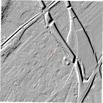 Shaded relief map of the ground around NG42NR, computed from Environment Agency LiDAR. The ground here sits at about 22 m above sea level and falls 12 m across the surrounding 800 m. Surface water reaching this point runs off ground lying to the north-north-east, 2.5 m higher.