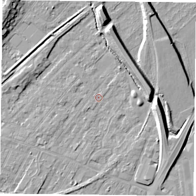 Shaded relief map of the ground around NG42NS, computed from Environment Agency LiDAR. The ground here sits at about 22 m above sea level and falls 11 m across the surrounding 800 m. Surface water reaching this point runs off ground lying to the north-north-east, 3.1 m higher.