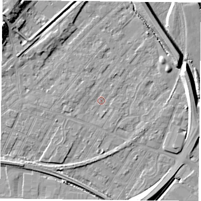 Shaded relief map of the ground around NG42NW, computed from Environment Agency LiDAR. The ground here sits at about 22 m above sea level and falls 14 m across the surrounding 800 m. Surface water reaching this point runs off ground lying to the west-north-west, 1.4 m higher.
