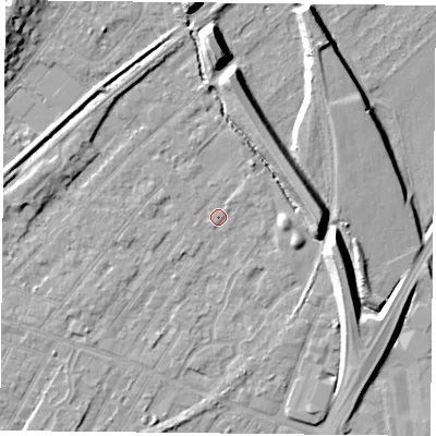 Shaded relief map of the ground around NG42NX, computed from Environment Agency LiDAR. The ground here sits at about 22 m above sea level and falls 12 m across the surrounding 800 m. Surface water reaching this point runs off ground lying to the north-north-east, 2.7 m higher.