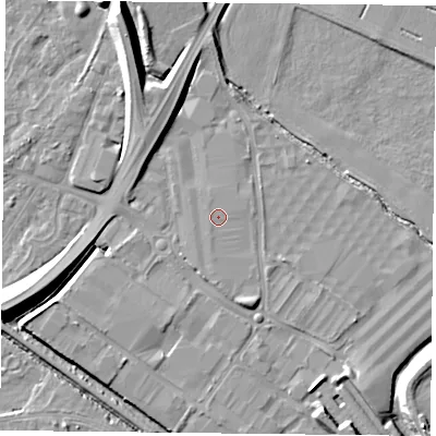 Shaded relief map of the ground around NG42PA, computed from Environment Agency LiDAR. The ground here sits at about 22 m above sea level and falls 12 m across the surrounding 800 m. The ground contributing surface water to this point lies to the south-west.