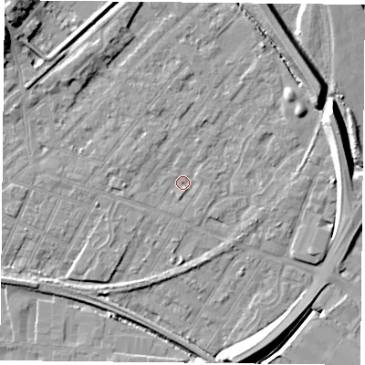 Shaded relief map of the ground around NG42PB, computed from Environment Agency LiDAR. The ground here sits at about 22 m above sea level and falls 12 m across the surrounding 800 m. Surface water reaching this point runs off ground lying to the west-north-west, 1.4 m higher.