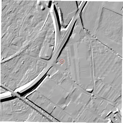 Shaded relief map of the ground around NG42PE, computed from Environment Agency LiDAR. The ground here sits at about 21 m above sea level and falls 12 m across the surrounding 800 m. The ground contributing surface water to this point lies to the east-north-east.