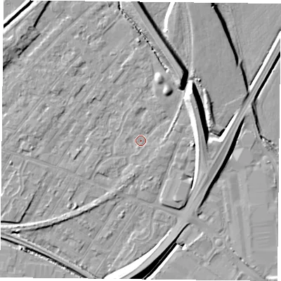 Shaded relief map of the ground around NG42PJ, computed from Environment Agency LiDAR. The ground here sits at about 22 m above sea level and falls 12 m across the surrounding 800 m. Surface water reaching this point runs off ground lying to the north-east, 9.9 m higher.
