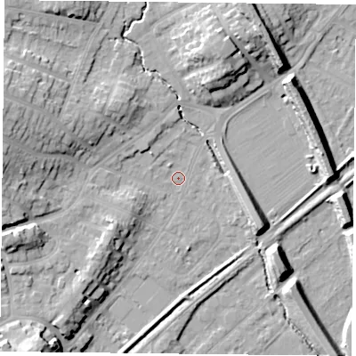 Shaded relief map of the ground around NG42PW, computed from Environment Agency LiDAR. The ground here sits at about 24 m above sea level and falls 17 m across the surrounding 800 m. Surface water reaching this point runs off ground lying to the west-north-west, 14.2 m higher.