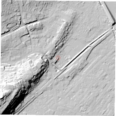 Shaded relief map of the ground around NG42PX, computed from Environment Agency LiDAR. The ground here sits at about 24 m above sea level and falls 44 m across the surrounding 800 m. Surface water reaching this point runs off ground lying to the east-north-east, 9.1 m higher.