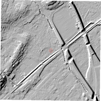 Shaded relief map of the ground around NG42PZ, computed from Environment Agency LiDAR. The ground here sits at about 23 m above sea level and falls 14 m across the surrounding 800 m. Surface water reaching this point runs off ground lying to the south-west, 2.9 m higher.