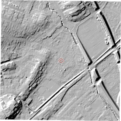 Shaded relief map of the ground around NG42QB, computed from Environment Agency LiDAR. The ground here sits at about 24 m above sea level and falls 19 m across the surrounding 800 m. Surface water reaching this point runs off ground lying to the south-west, 8.7 m higher.