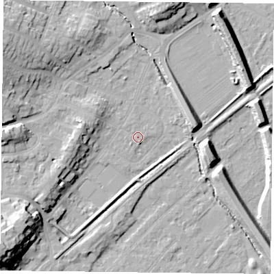 Shaded relief map of the ground around NG42QD, computed from Environment Agency LiDAR. The ground here sits at about 24 m above sea level and falls 18 m across the surrounding 800 m. Surface water reaching this point runs off ground lying to the south-west, 7.4 m higher.
