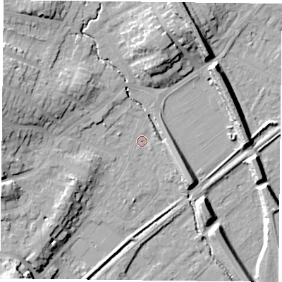 Shaded relief map of the ground around NG42QE, computed from Environment Agency LiDAR. The ground here sits at about 24 m above sea level and falls 15 m across the surrounding 800 m. Surface water reaching this point runs off ground lying to the east-north-east, 1.6 m higher.