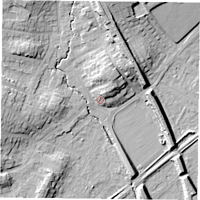 Shaded relief map of the ground around NG42QF, computed from Environment Agency LiDAR. The ground here sits at about 27 m above sea level and falls 15 m across the surrounding 800 m. Surface water reaching this point runs off ground lying to the west, 12.3 m higher.