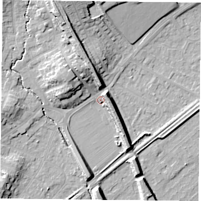 Shaded relief map of the ground around NG42QG, computed from Environment Agency LiDAR. The ground here sits at about 23 m above sea level and falls 15 m across the surrounding 800 m. Surface water reaching this point runs off ground lying to the north-north-west, 13.4 m higher.