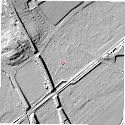 Shaded relief map of the ground around NG42QH, computed from Environment Agency LiDAR. The ground here sits at about 22 m above sea level and falls 16 m across the surrounding 800 m. Surface water reaching this point runs off ground lying to the west, 11.0 m higher.