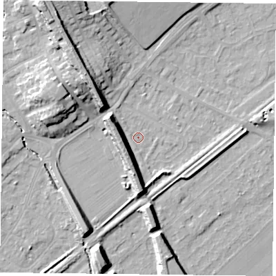 Shaded relief map of the ground around NG42QJ, computed from Environment Agency LiDAR. The ground here sits at about 22 m above sea level and falls 15 m across the surrounding 800 m. Surface water reaching this point runs off ground lying to the west-north-west, 10.3 m higher.