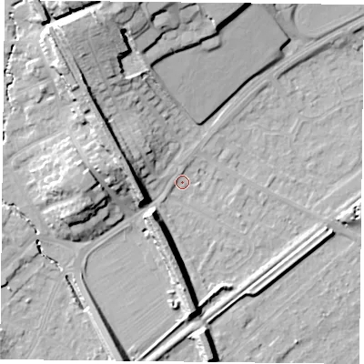 Shaded relief map of the ground around NG42QN, computed from Environment Agency LiDAR. The ground here sits at about 22 m above sea level and falls 19 m across the surrounding 800 m. Surface water reaching this point runs off ground lying to the north-west, 13.4 m higher.