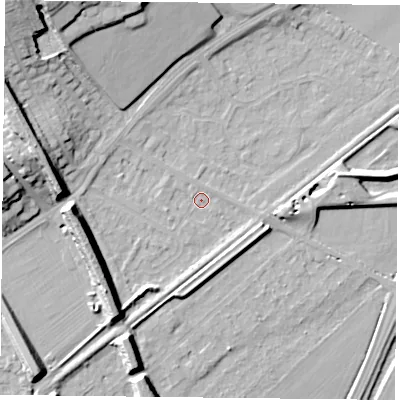 Shaded relief map of the ground around NG42QP, computed from Environment Agency LiDAR. The ground here sits at about 21 m above sea level and falls 18 m across the surrounding 800 m. Surface water reaching this point runs off ground lying to the south-west, 10.0 m higher.