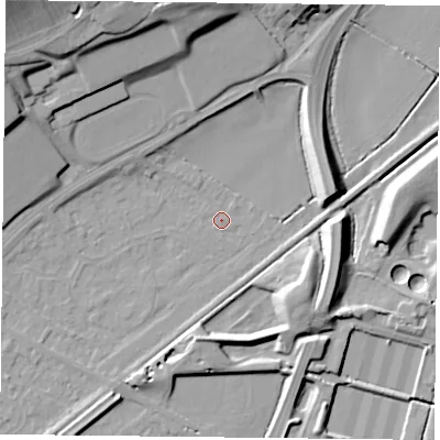 Shaded relief map of the ground around NG42QU, computed from Environment Agency LiDAR. The ground here sits at about 21 m above sea level and falls 25 m across the surrounding 800 m. Surface water reaching this point runs off ground lying to the south-south-west, 5.1 m higher.