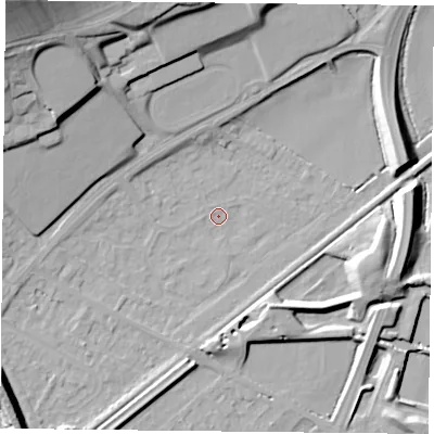 Shaded relief map of the ground around NG42RA, computed from Environment Agency LiDAR. The ground here sits at about 21 m above sea level and falls 30 m across the surrounding 800 m. Surface water reaching this point runs off ground lying to the north-west, 29.3 m higher.